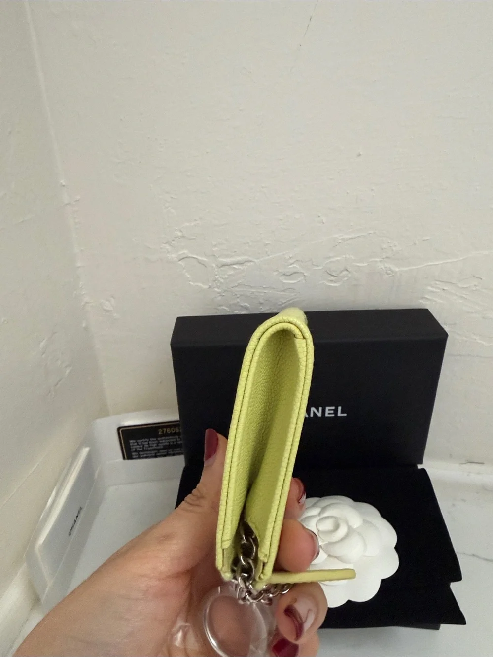 CHANEL Lemon Yellow CC Logo Key Card Holder with Chain
